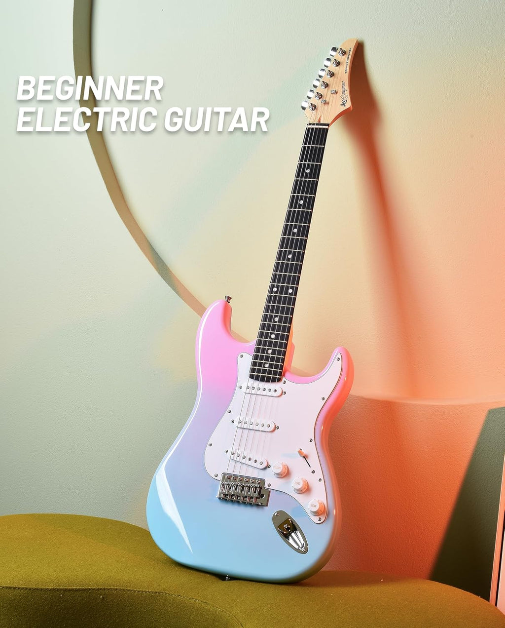 Leo Jaymz Beginner Electric Guitar Complete Kit with Portable Amp, Padded Gig Bag & Full Accessories, Maple Neck SSS Pickups(Pink-Blue Fade)