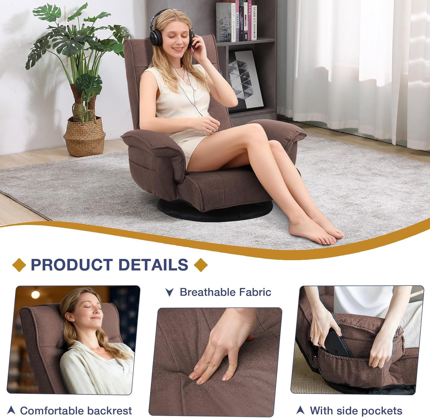 Linen Fabric Ergonomic Gaming Chair, 6-Position Reclining Sofa Bed with Lumbar Support, Foldable Floor Lounger with Thick Cushion, Armrests & Side Pockets for Esports, Reading, Napping (Brown)