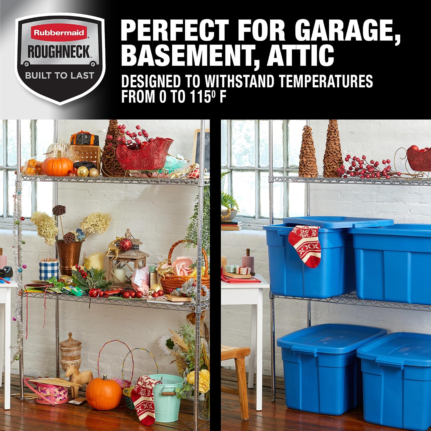 Rubbermaid Roughneck Tote 25 Gal, 4 Pack, Made in USA, Heritage Blue, Rugged Plastic Stackable Storage Bins with Lids and Handles