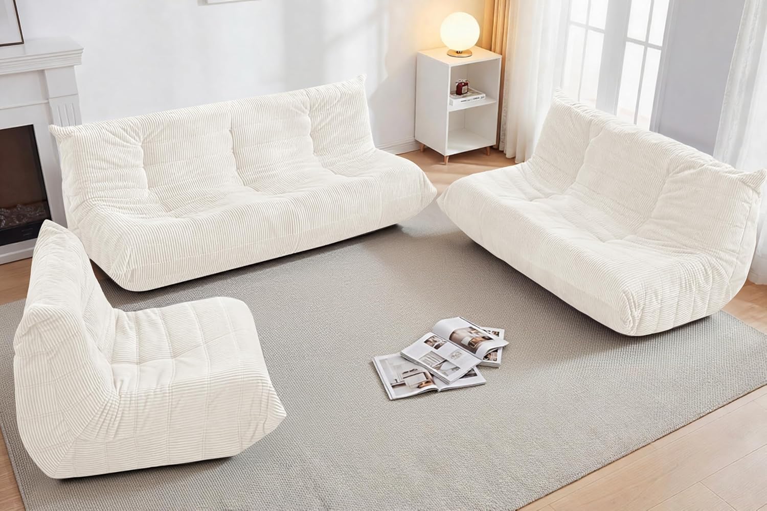 Bean Bag Chair,Giant Beanbag Chairs for Adults,Comfy Large Fireside Chair Lazy Sofa,Corduroy Bean Bag Lounger with Memory Foam Filled,Floor Sofa Couch for Home,Living Room (Beige, 3-Seater)