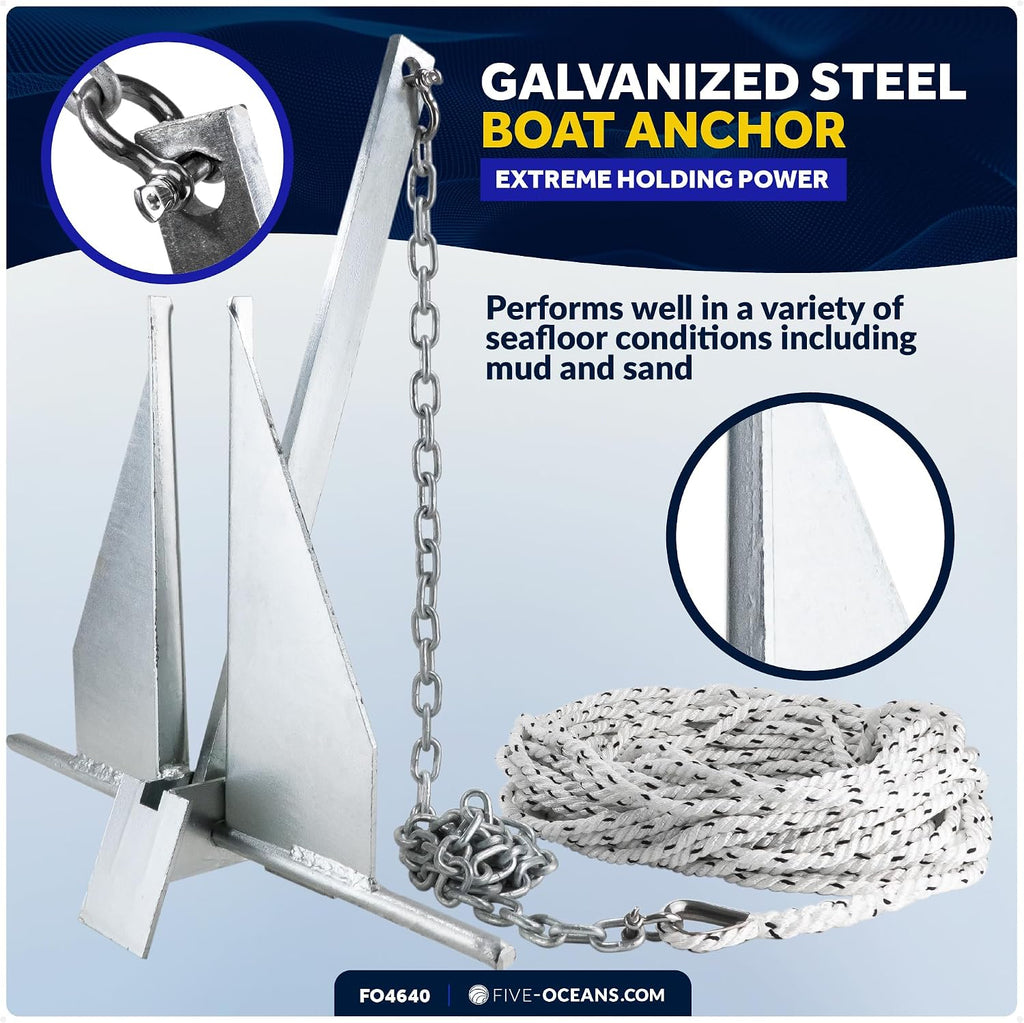 Five Oceans Fluke Boat Anchor, Heavy Duty Hot Dipped Galvanized Steel, Multiple Sizes – Ideal for Pontoon, Dinghies, Boats
