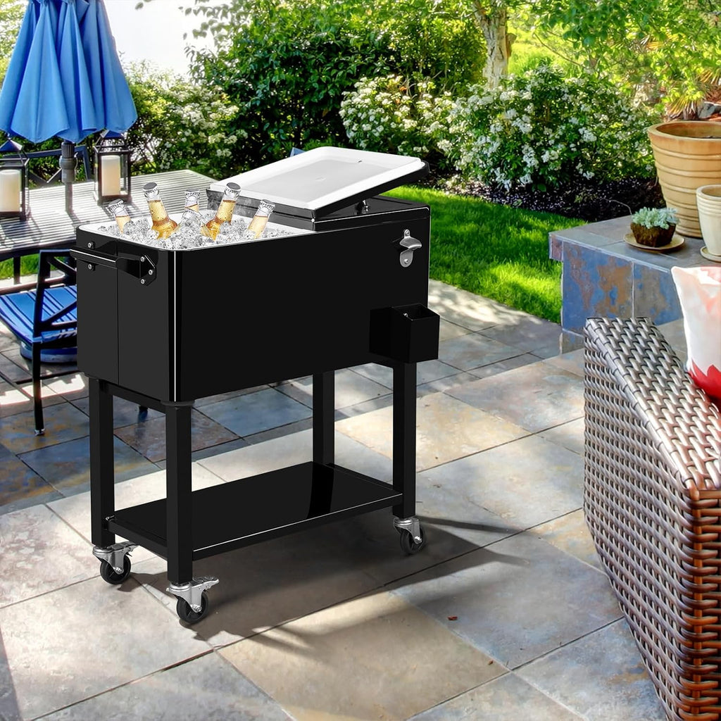 VINGLI 80 Quart Rolling Ice Chest on Wheels, Portable Patio Party Bar Drink Cooler Cart, with Shelf, Beverage Pool with Bottle Opener,Water Pipe