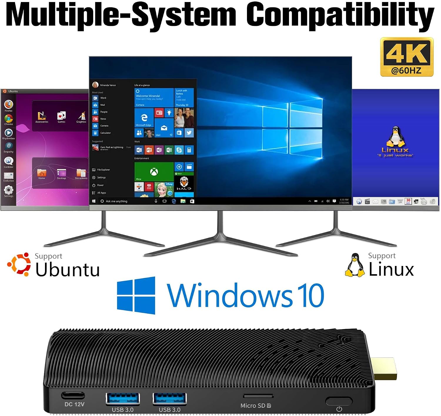 Mini PC Stick, Pentium N4200 4GB 64GB eMMC, Fanless Mini Desktop, Support 4K Monitor Output @30Hz, 1080P Streaming, Gigabit Ethernet, WiFi BT 5.0, USB3.0 x2 for Business/IOT/Home