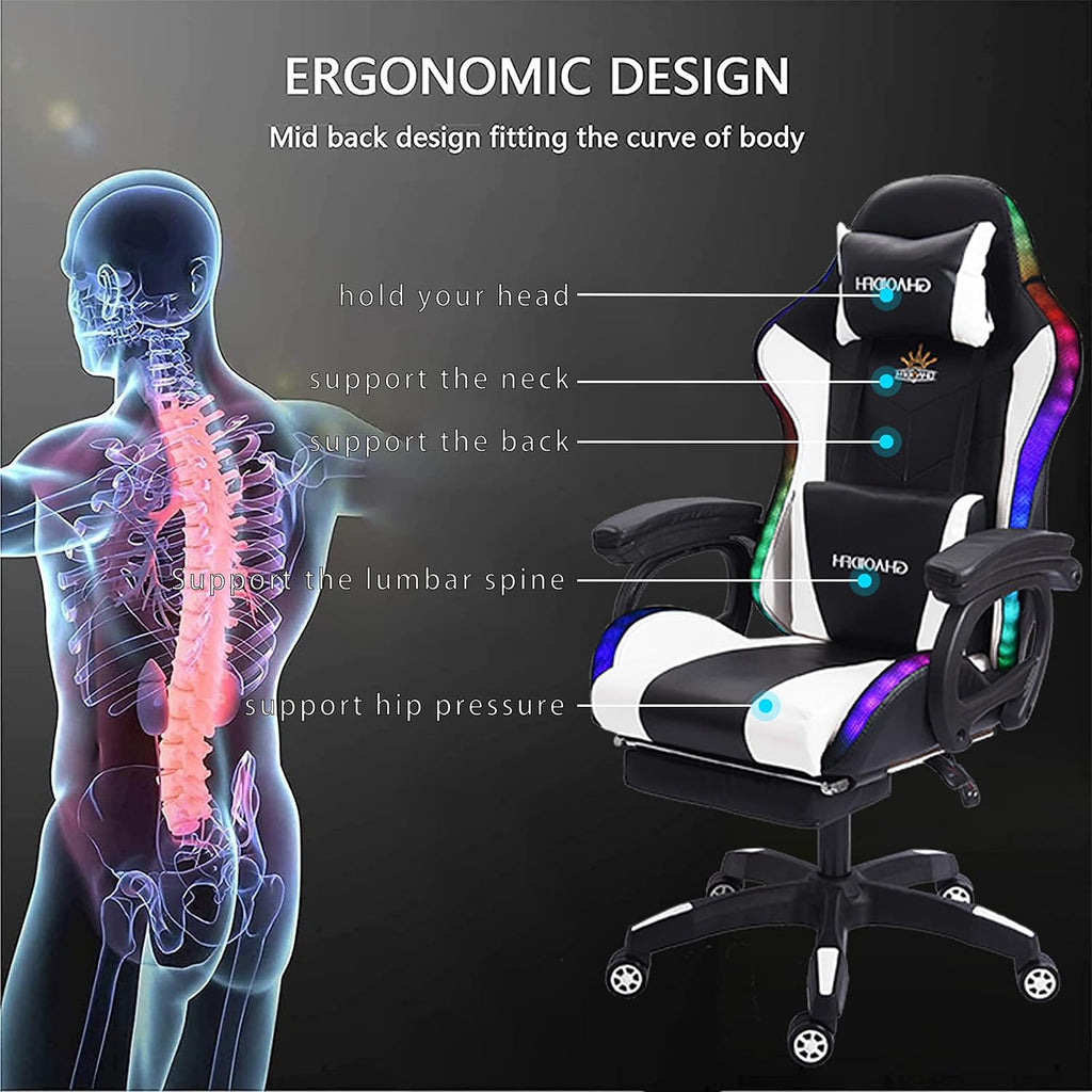 Massage Gaming Chair with Speakers, Reclining Computer Chair with Headrest and Lumbar Support,Ergonomic Gaming Chair with Footrest and Led Lights, Video Game Chair for Adults Kids.,White