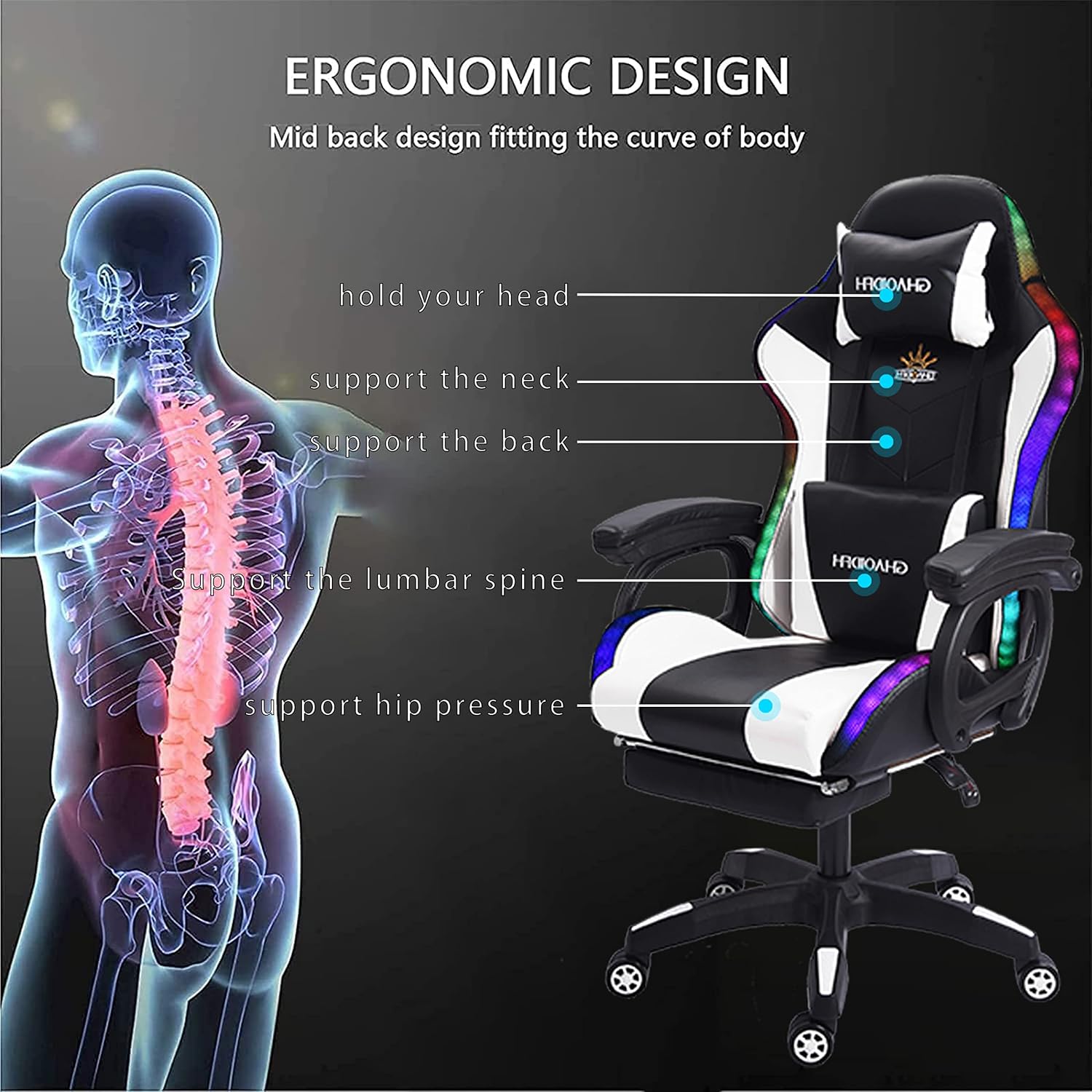 Gaming Chair with Speakers and LED Lights, Ergonomic Professional Gaming Chair with Lumbar Support, Racing Chair for Adult Teen Game.,White