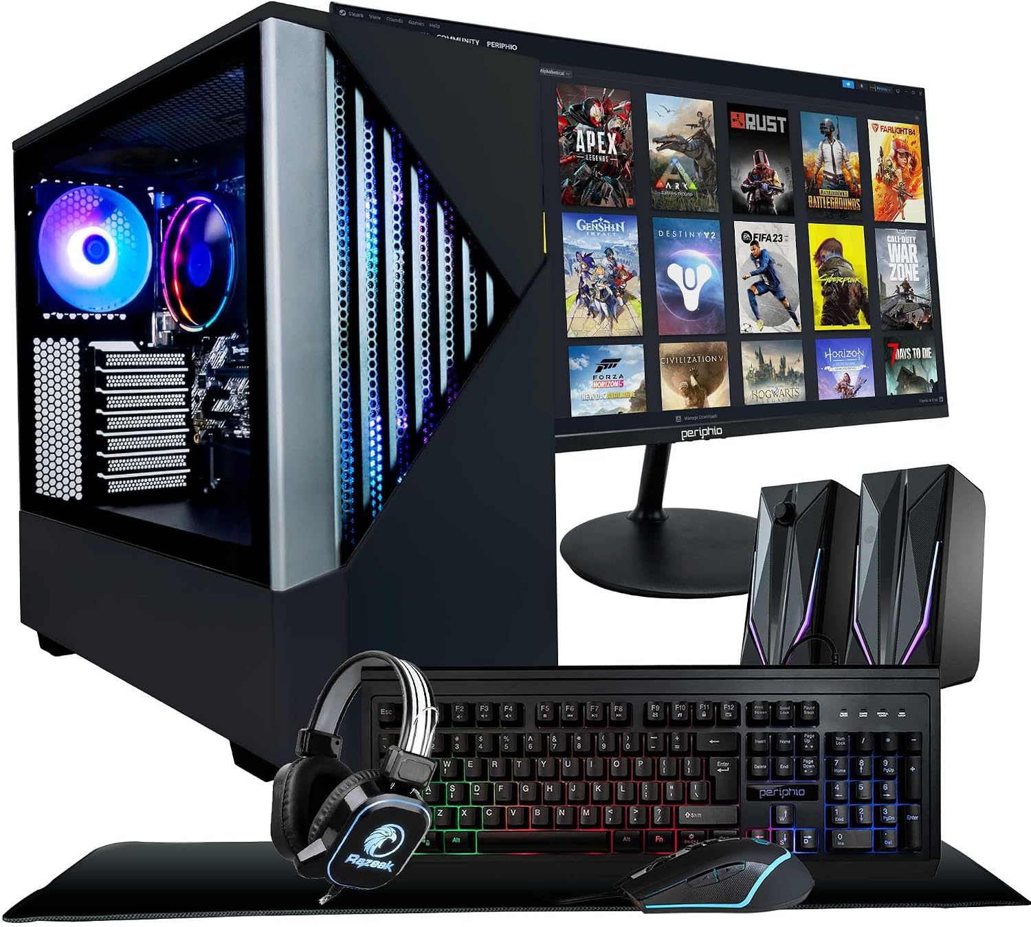 Periphio Reaper Gaming PC, AMD Ryzen 5 5600GT up to 4.6GHz with Radeon Vega 7 Graphics, 16GB RAM, 1TBNVMe SSD, WiFi, Windows 11 Home, Black, 1080p Gaming Computer - Full RGB Gamer Bundle, 24' Monitor