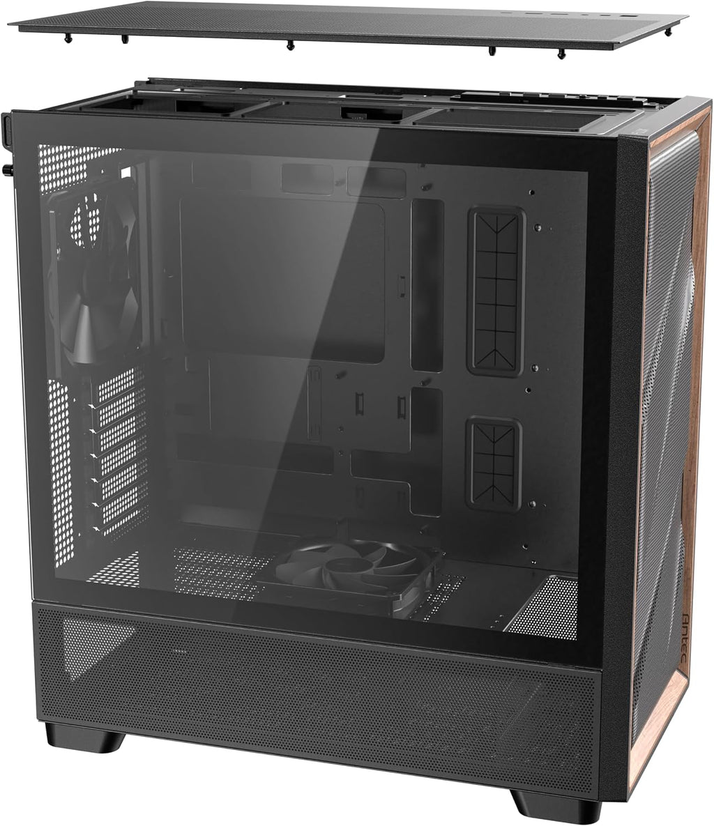 Antec Flux Wood, 5 x PWM Fans Included, High-Airflow Front Panel with Walnut Wood, Type-C, 420mm Radiator & Back Connect Motherboard Support, Up to 9 Fans Simultaneously, Mid-Tower E-ATX PC Case