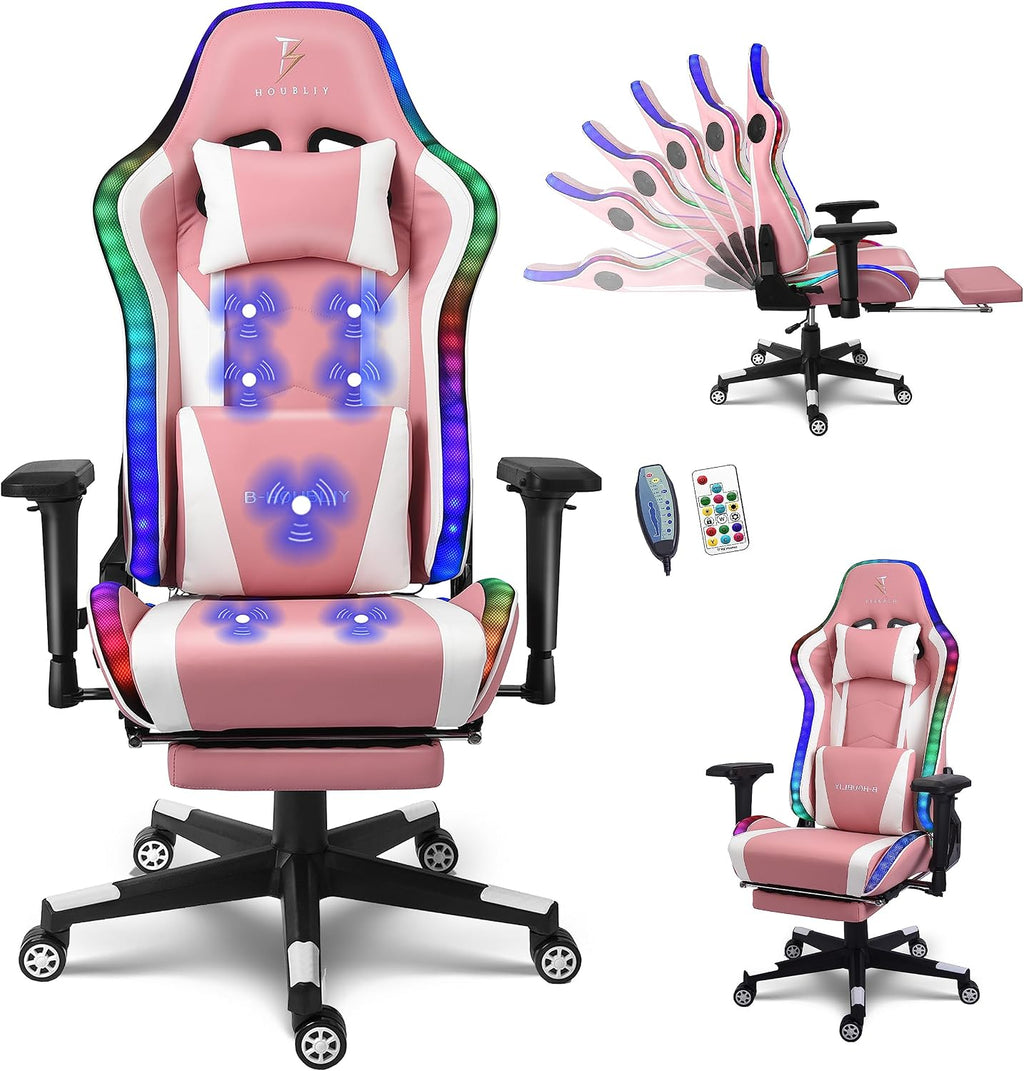 Massage Gaming Chair with Speakers, Ergonomic Pro Gaming Chair with Headrest and Lumbar Support,Reclining Computer Chair with Footrest and RGB Lights,Video Game Chair for Adults Kids.,Pink