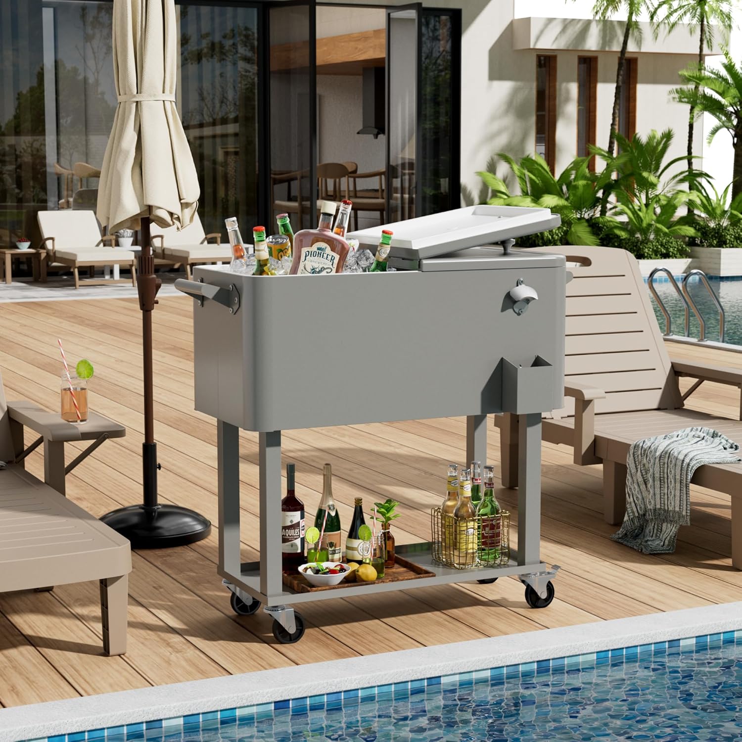 80 Quart Rolling Ice Chest Cooler Cart with Shelf, Heavy Duty Insulated Cooler Box on Wheels with Drain Plug, Weather Resistant Outdoor Party BBQ Drink Cart