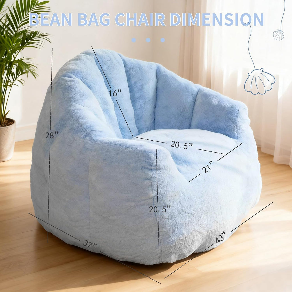 Bean Bag Chair, Giant Beanbag Chiars for Adults, Faux Fur Shell-Shaped Floor Sofa with Filler, Comfy Chair for Reading, Gaming and Relax (Blue)
