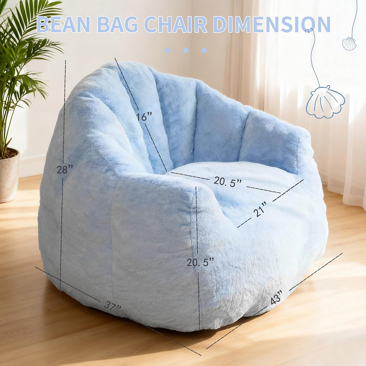 Bean Bag Chair, Giant Beanbag Chiars for Adults, Faux Fur Shell-Shaped Floor Sofa with Filler, Comfy Chair for Reading, Gaming and Relax (Blue)