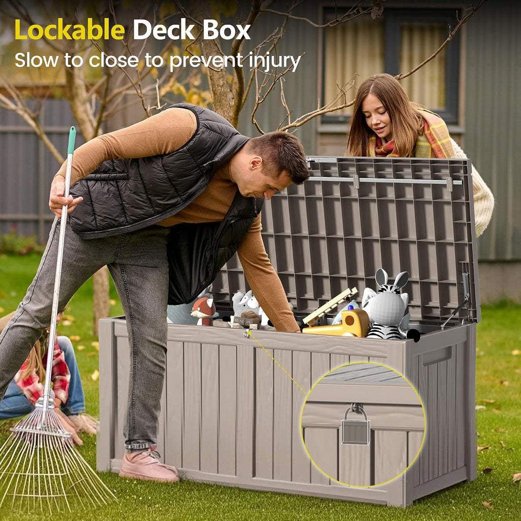 Zapdos Outdoor Storage Box, 120 Gallon Deck Box with Stainless Steel Rods, Waterproof Large Resin Storage Bin for Patio Cushions Garden Tools, Lockable Outside Storage Box, Grey