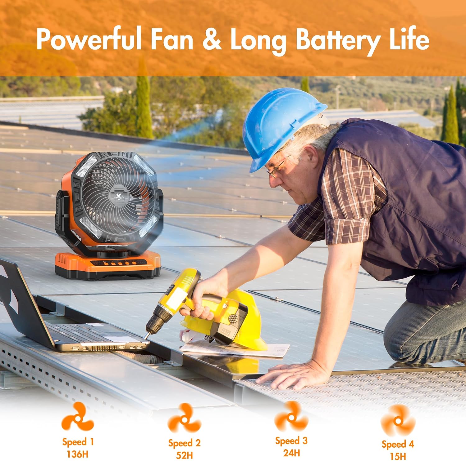 40000mAh Battery Powered Fan, Rechargeable Oscillating Floor Fan with Remote, 136H Cooling Camping Essentials for RV Garage, Fathers Day Gift for Men Dad Blue Collar Worker, Co-Branded with AMACOOL