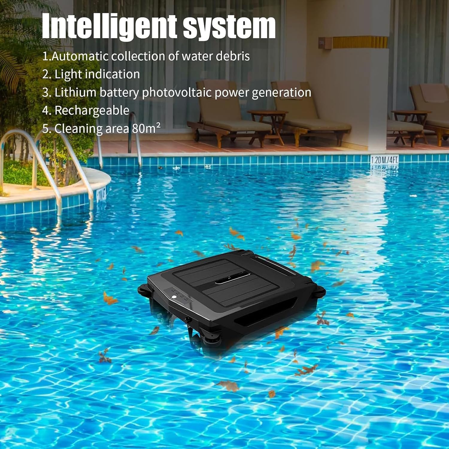 Pool Robot,Pool Skimmer Robot with Solar Panel Automatically Design,Automatic Robotic Pool Cleaner 80㎡ 450um Brushless Motor Solar Robotic Pool Skimmer with Auto Obstacle Avoidance