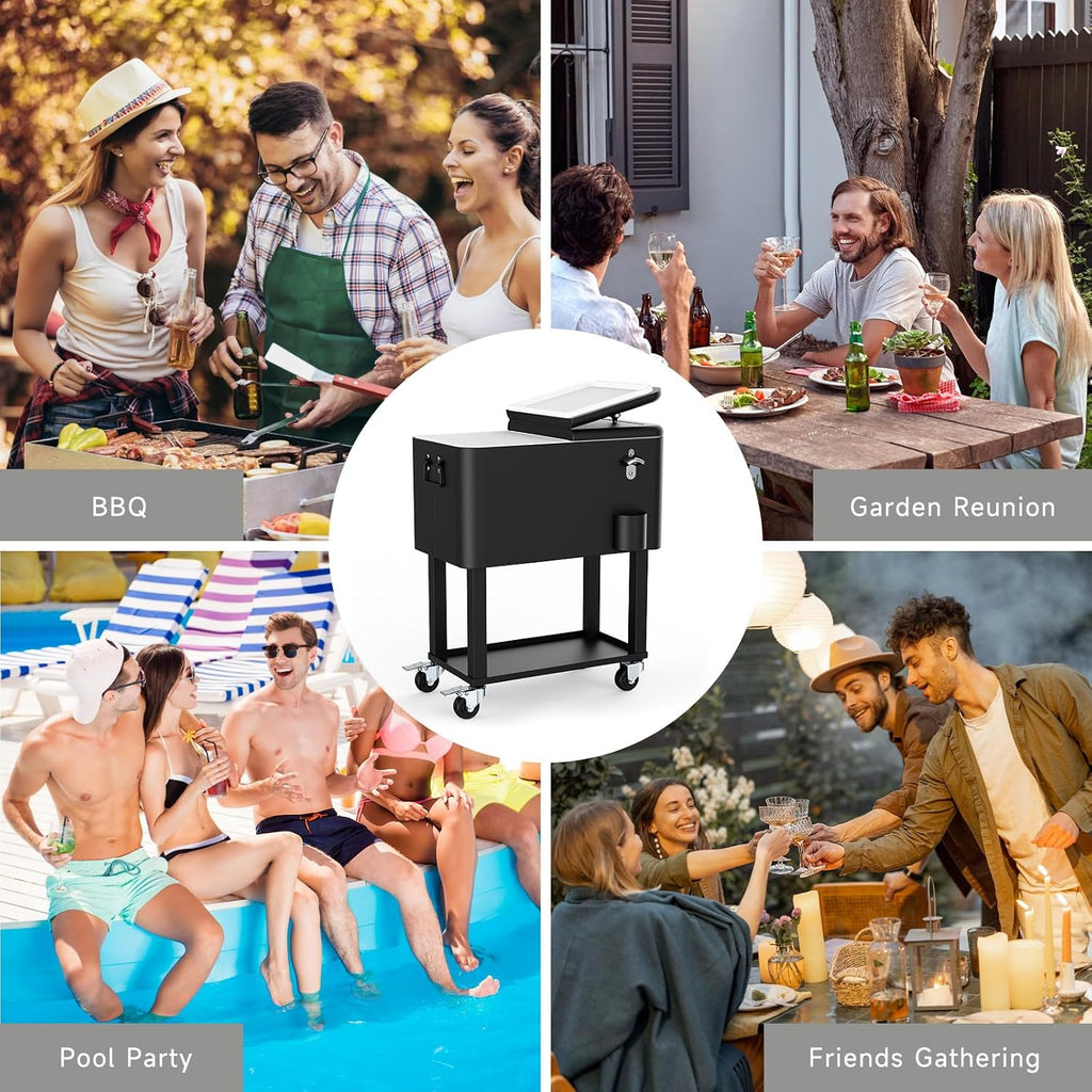 Ice Chest with Wheels, 60 Quart Portable Rolling Cooler with Bottle Opener & Cap Collector & Bottom Storage Tray for Patio Party & BBQ & Beach Activities