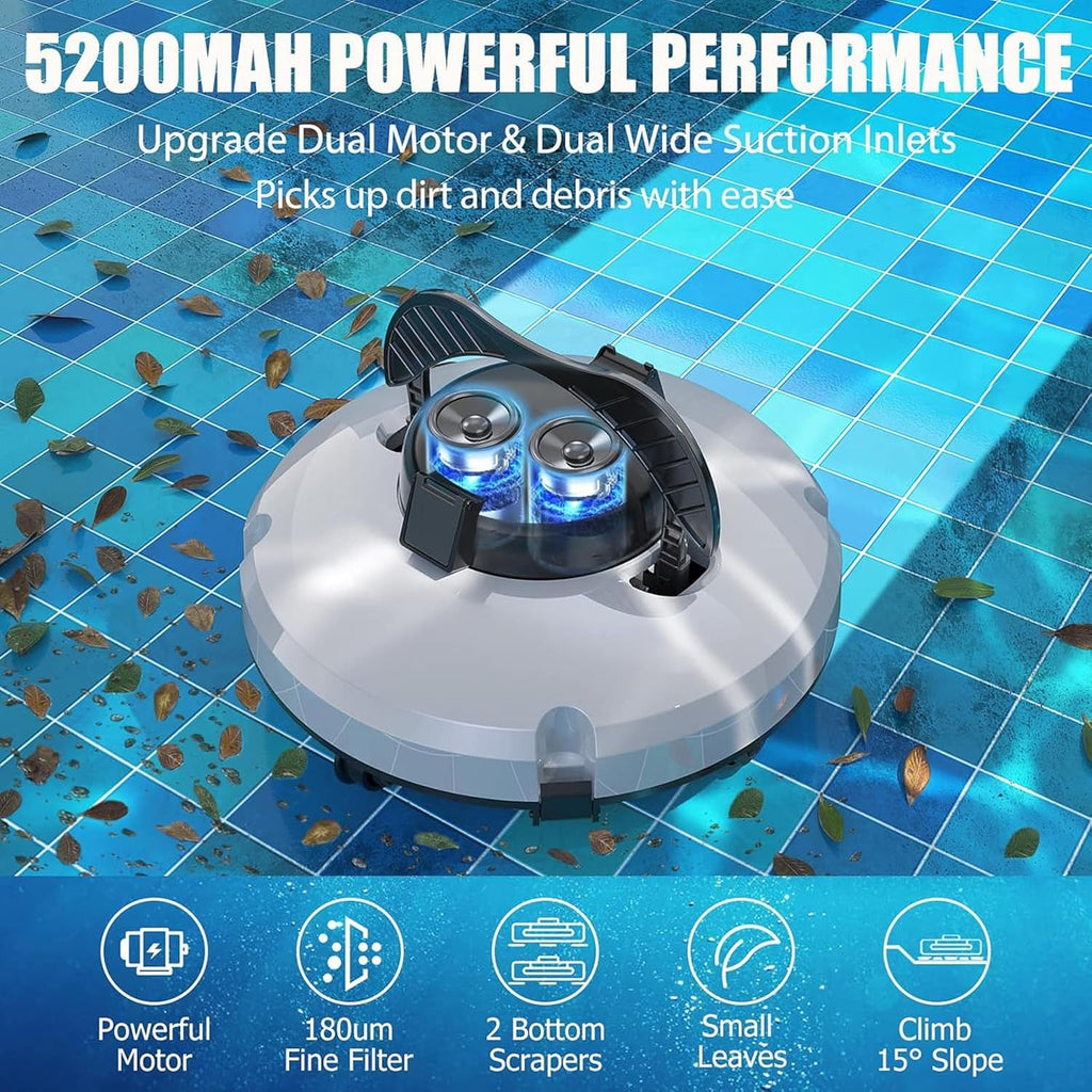 Automatic Cordless Pool Cleaners, Pool Vacuum Cleaner, Cordless Robotic Pool Cleaning with Strong Suction and Two Motors, for Above Ground & In-Ground Pools,220V