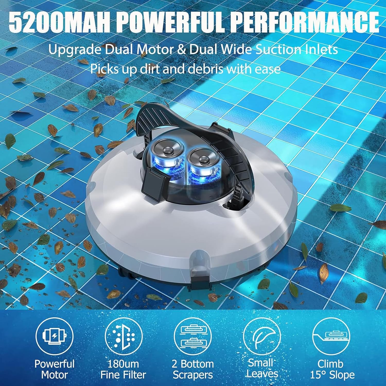 Automatic Cordless Pool Cleaners, Pool Vacuum Cleaner, Cordless Robotic Pool Cleaning with Strong Suction and Two Motors, for Above Ground & In-Ground Pools,220V