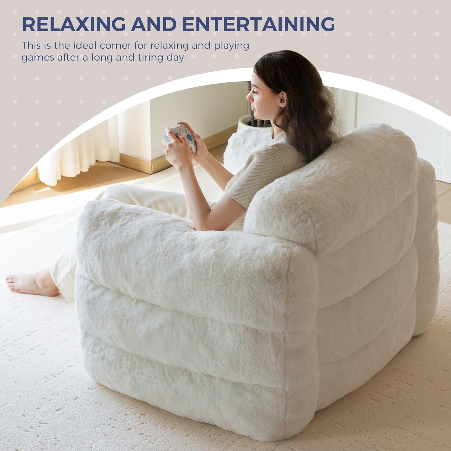 MAXYOYO Giant Bean Bag Chair for Adults, Ultra Soft Fluffy Bean Bag Sofa, Oversized Floor Sofa for Living Room Bedroom, Cozy Reading Chair with Filler, Beige