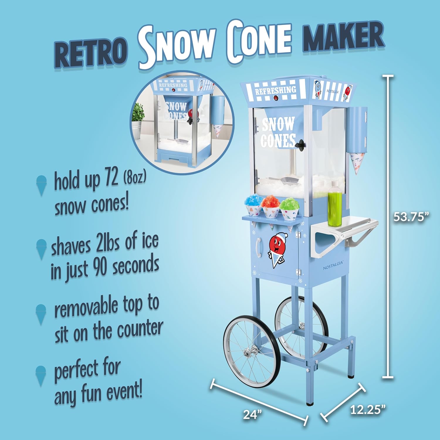 Nostalgia Snow Cone Shaved Ice Machine - Retro Cart Slushie Machine Makes 72 Icy Treats - Includes Metal Scoop, 2 Syrup Bottles, 100 Paper Cups/Spoons, Storage Compartment, Wheels - Blue, 54' Tall