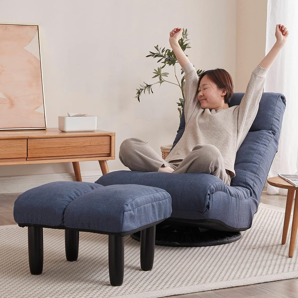 Yoglad Japanese Style Chaise Lounge Sofa Chair Floor Gaming Chair Lazy Sofa for Reading Game Meditating, 3 Adjustable Positions with Comfortable Backrest,Navy Blue (Navy Blue+Ottoman)