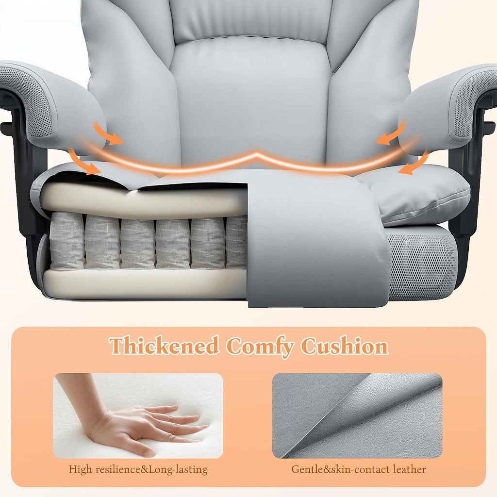 DurayLoly Office Chair with High Back,Big and Tall Executive Leather Office Chair with Foot Rest & Arms,Wide Reclining Desk Chair Ergonomic with Lumbar Support for Home Office,Grey