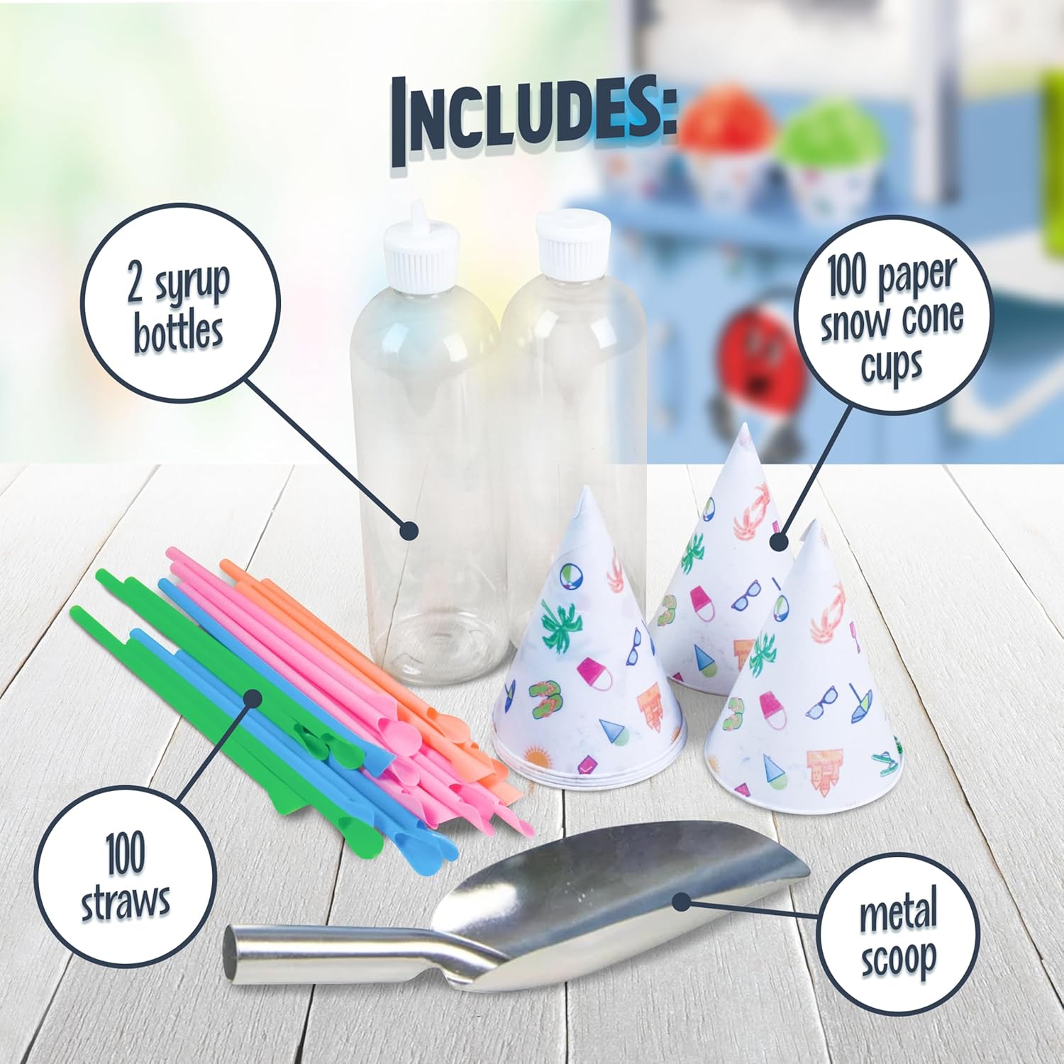 Nostalgia Snow Cone Shaved Ice Machine - Retro Cart Slushie Machine Makes 72 Icy Treats - Includes Metal Scoop, 2 Syrup Bottles, 100 Paper Cups/Spoons, Storage Compartment, Wheels - Blue, 54' Tall