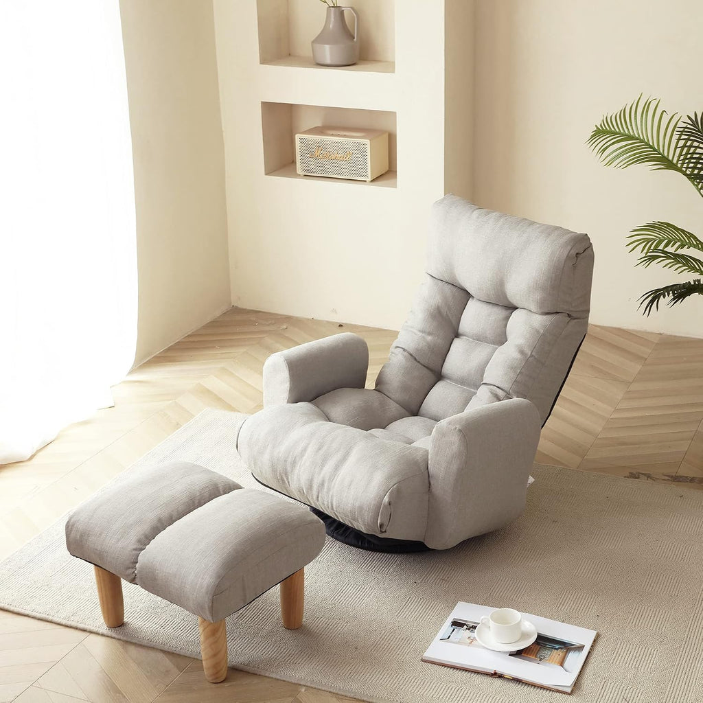 Yoglad Japanese Style Chaise Lounge Sofa Chair Floor Gaming Chair Lazy Sofa for Reading Game Meditating, 3 Adjustable Positions with Comfortable Backrest (Grey+Ottoman)