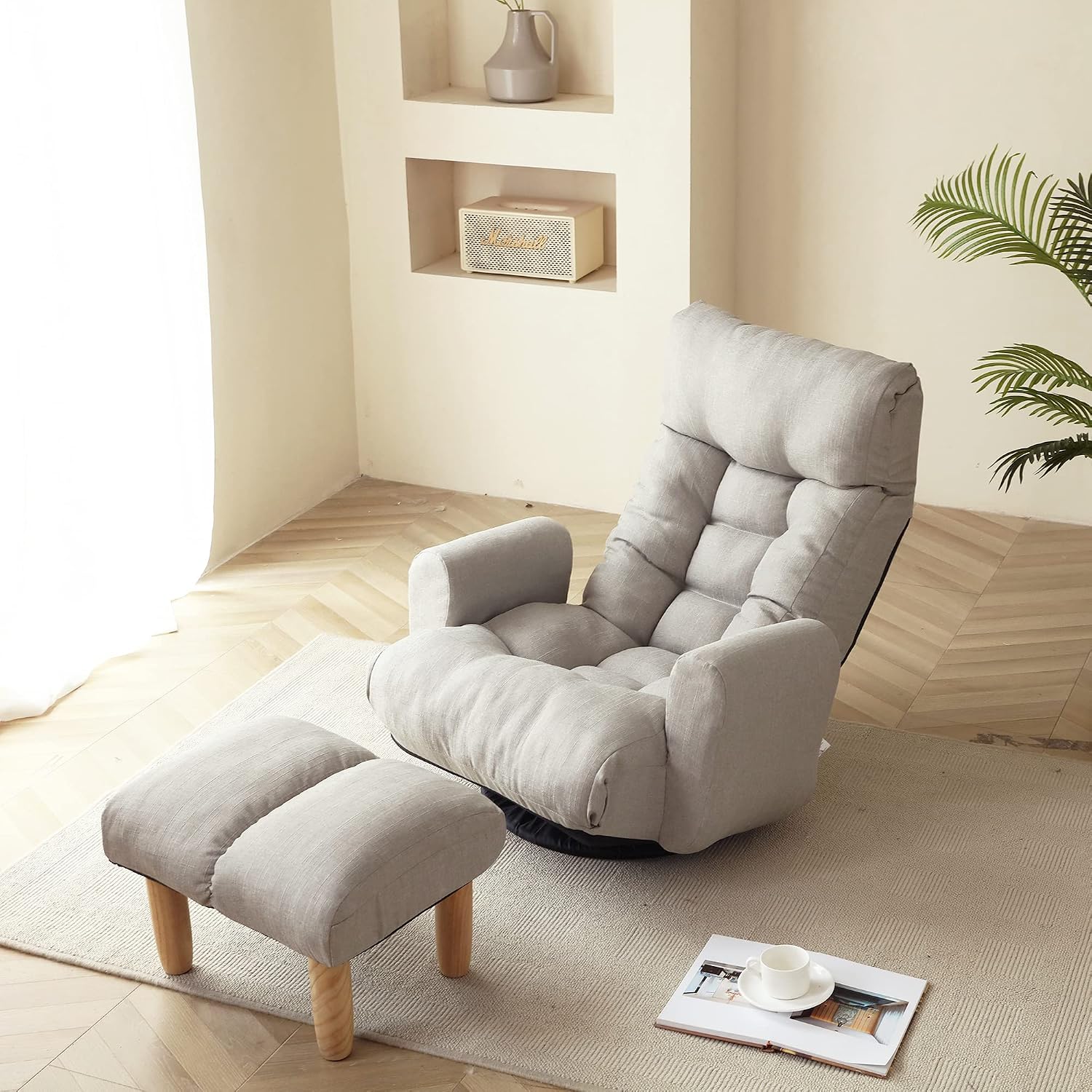 360° Swivel Floor Gaming Chair, Floor Chair, 14 Adjustable Head Segments 3 Waist Segments, Ergonomic Recliner for Gaming Reading Living Room, Includes Footrests (Beige)