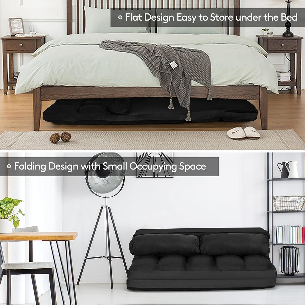 DORTALA Foldable Floor Sofa, 6-Position Adjustable Lounge Couch with 2 Pillows & Suede Cloth Cover, Modern Lounge Mattress Video Gaming Lazy Couch, Suede Floor Seating Sofa, 71' x 44.5', Black