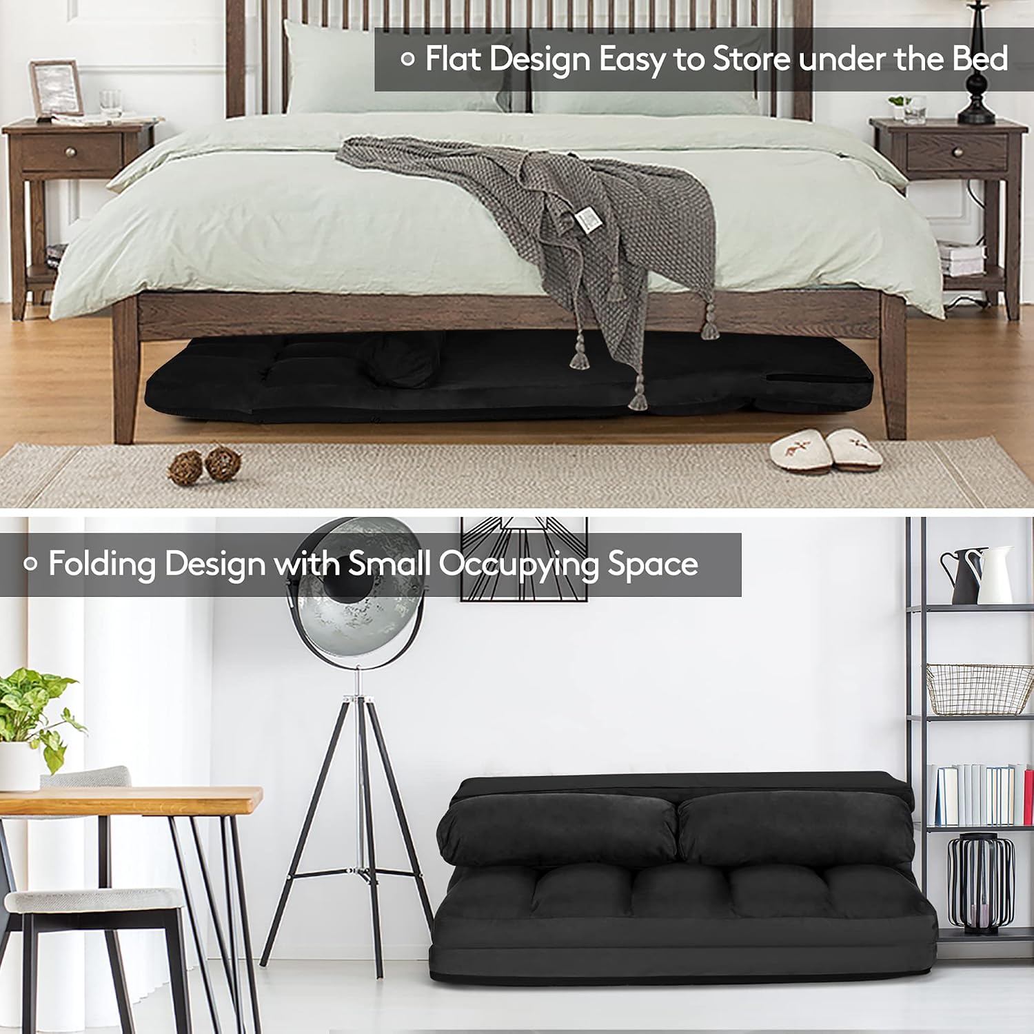 DORTALA Foldable Floor Sofa, 6-Position Adjustable Lounge Couch with 2 Pillows & Suede Cloth Cover, Modern Lounge Mattress Video Gaming Lazy Couch, Suede Floor Seating Sofa, 71' x 44.5', Black