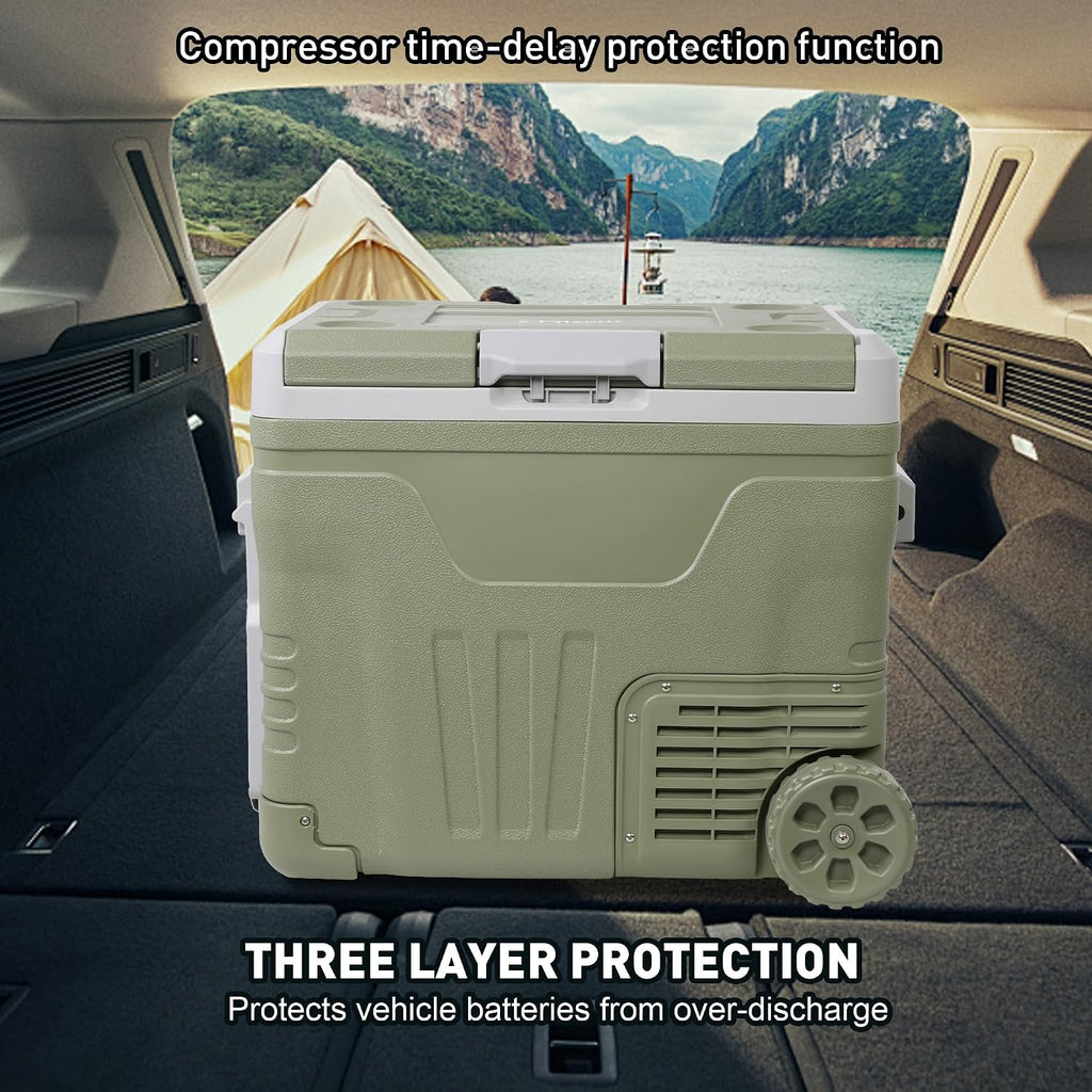 Portable 50L Car Refrigerator with Wheels & Pull Rod - Temperature Display (-4℉-68℉) electric coolers for vehicles, 12/24V DC & 100-240V AC - Ideal Car Freezer for Camping, RV, Home & Outdoor