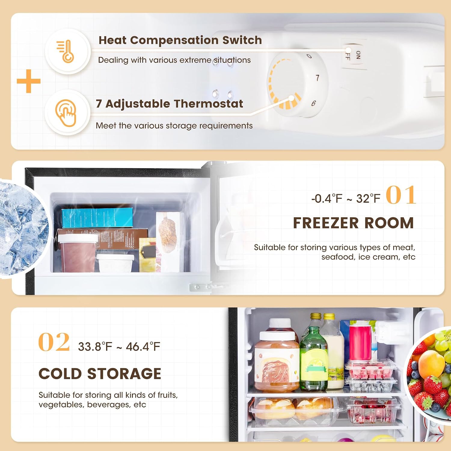 Manastin 3.55 Cu.Ft Mini Fridge with Freezer - 2 Doors for Office, Kitchen, Dorm and Bedroom, Mini Refrigerator with Adjustable Shelves (Silver)