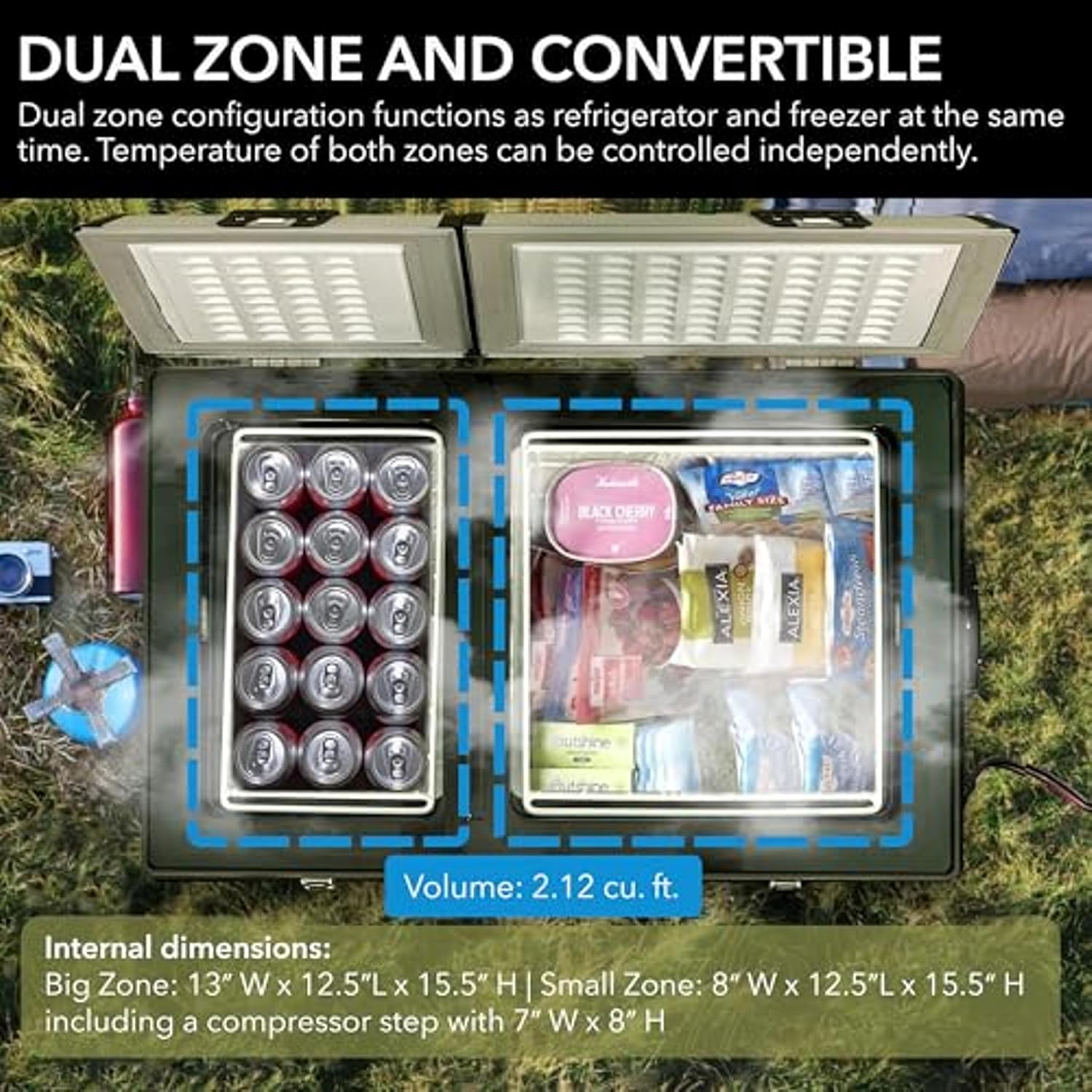 Whynter FM-62DZ 62 Quart Dual Zone Portable Refrigerator and Deep Freezer Chest, AC 110V/ DC 12V, Real Freezer for Car, Home, and RV, -8°F to 50°F Temperature Range, Gray, Fridge + Power Supply Cord
