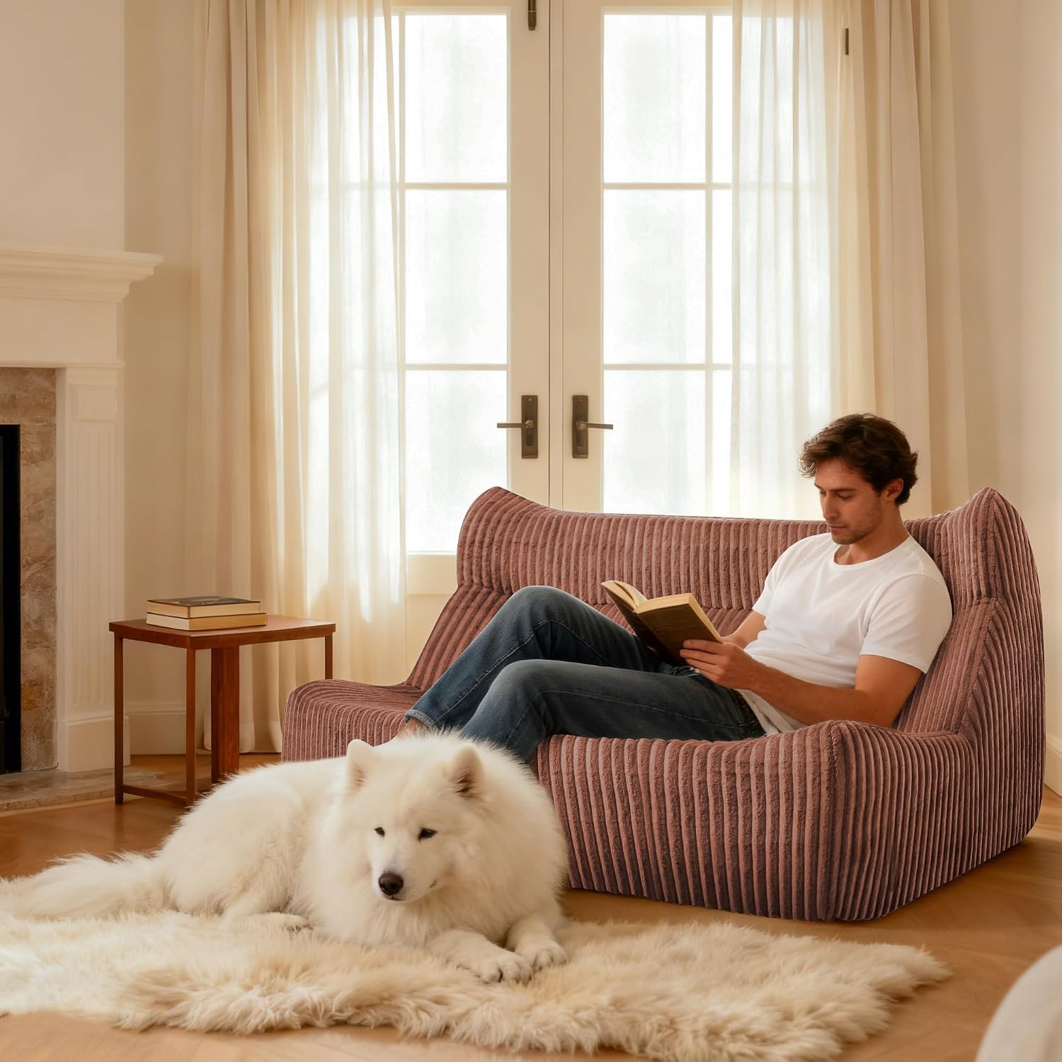Bean Bag Chairs for Adults, Giant Bean Bag Chairs, Memory Foam Lounge Chair, Comfy Lazy Floor Chair, Bean Bag Sofa for Living Room, Bedroom and Office, Loveseat Bean Bag (Brown)