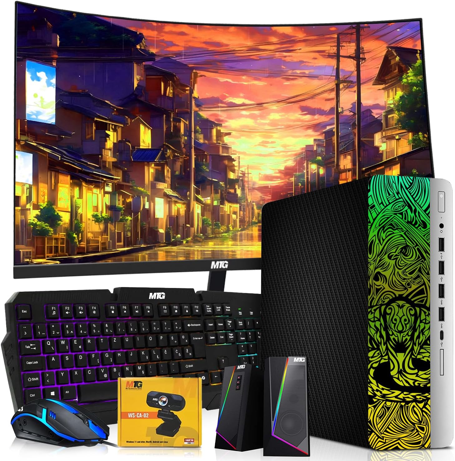 TechMagnet HP Carbon Black Cobra Edition RGB Gaming Desktop PC,Intel Core i7,16GB DDR4 RAM,512GB SSD,GT 1030 Graphics Card,24 Inch Curved Monitor,RGB Kit,Webcam,Windows 11 (Renewed)