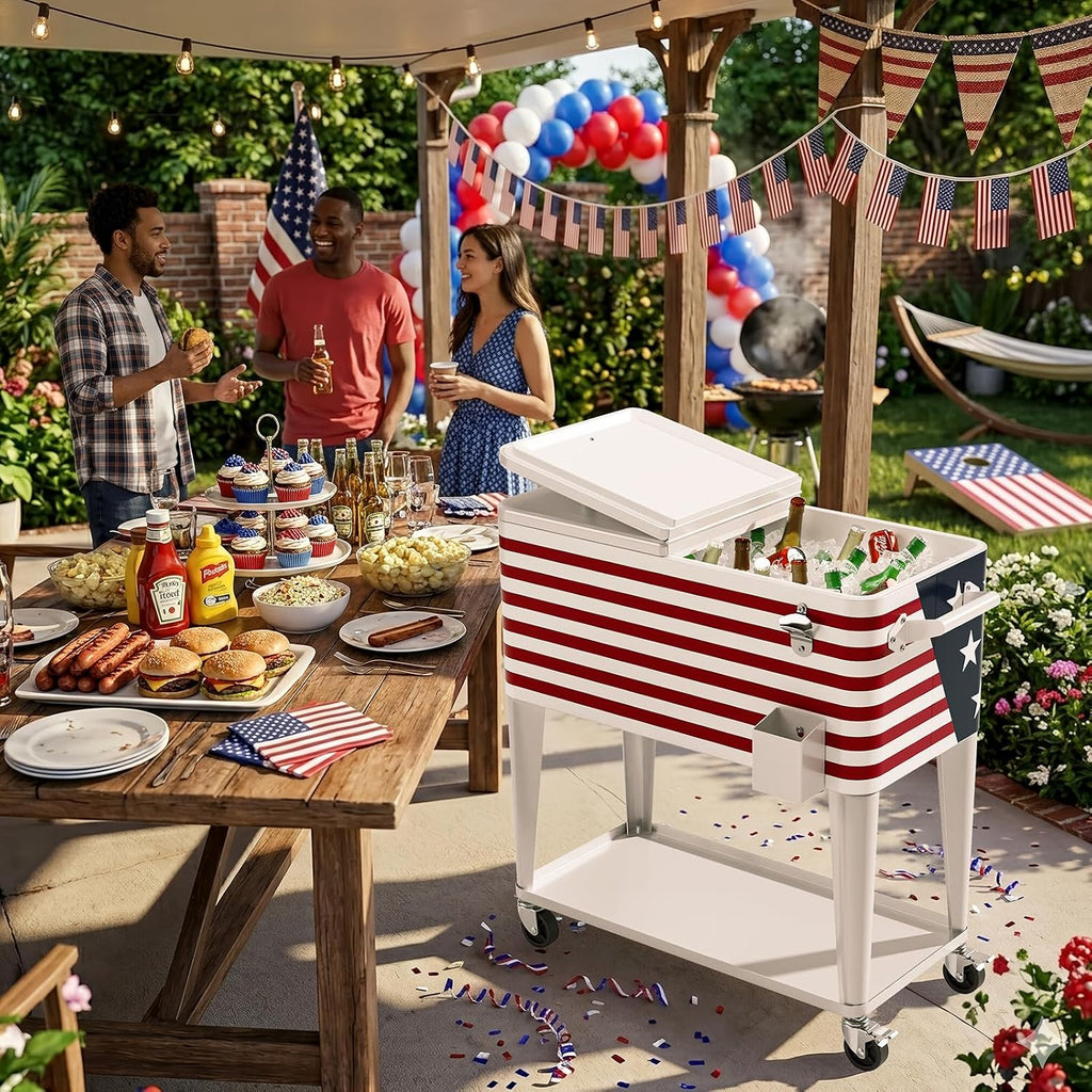 VINGLI Rolling Ice Chest, Portable Patio Party Bar Drink Cooler Cart, with Shelf, Beverage Pool with Bottle Opener