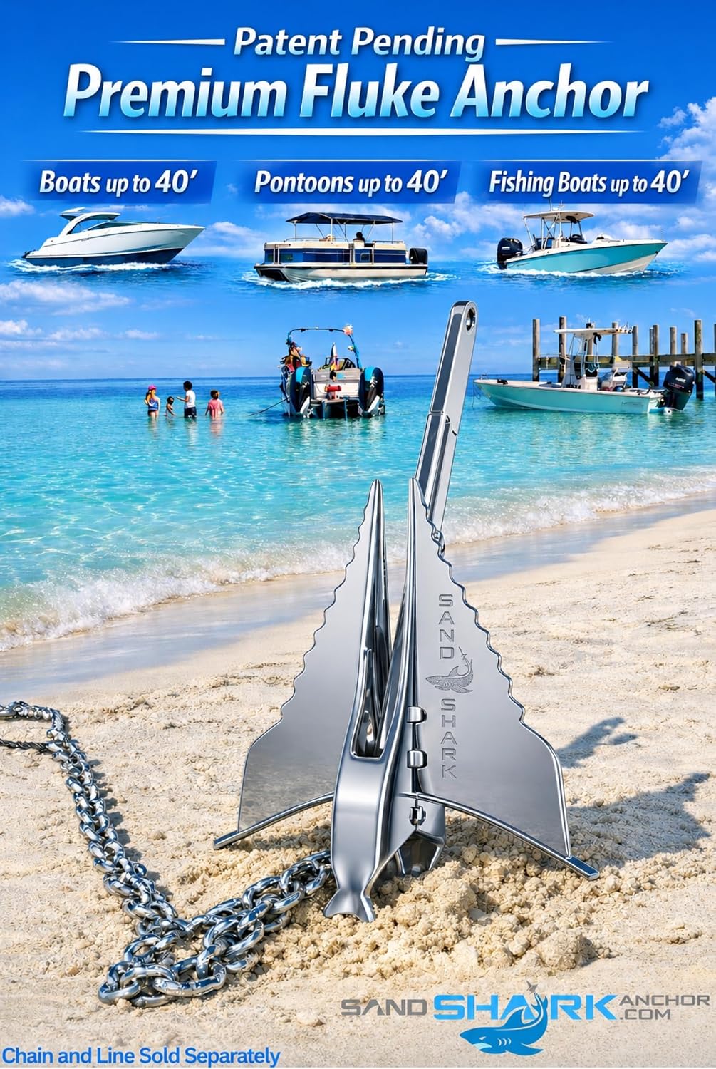 SandShark Premium Fluke Anchor-Retractable Shaft Easy Storage-Aluminum Pontoon Boat Anchor, Jet Ski Anchor. Boats<30 ft. Sand Anchor for Boat, Boat Anchor.