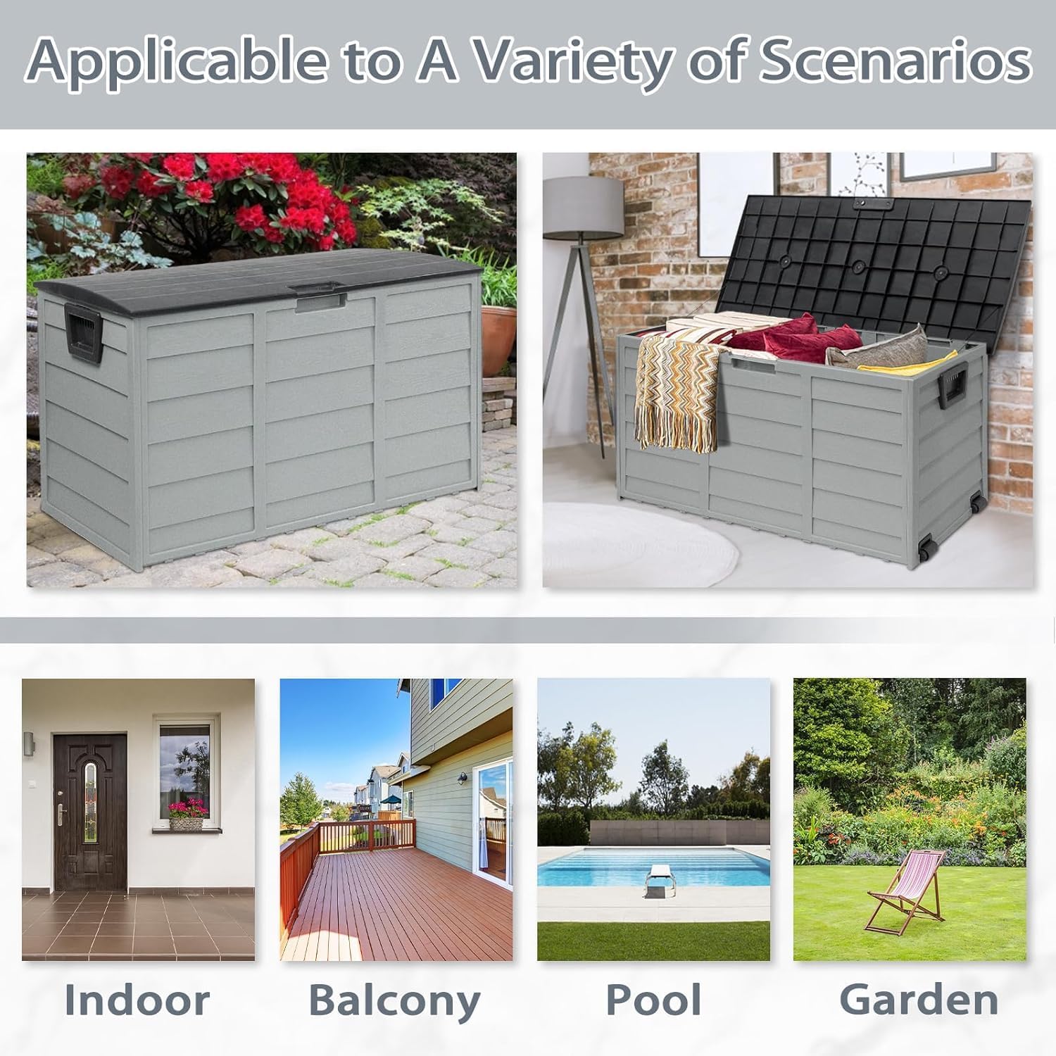 75 Gallon Deck Storage Box Resin Outdoor Storage Container with Handles for Patio Garden Yard(Grey)