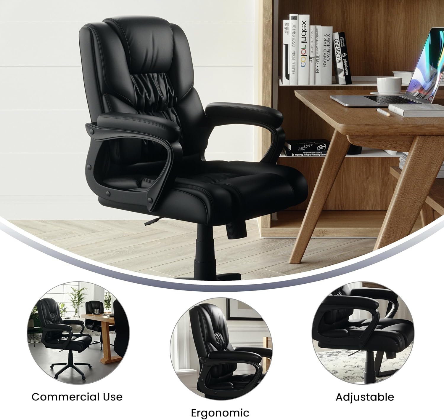 Flash Furniture Fundamentals Big & Tall Swivel LeatherSoft Office and Gaming Chair, Ergonomic Office Chair with Padded Armrests and Adjustable Height, Black