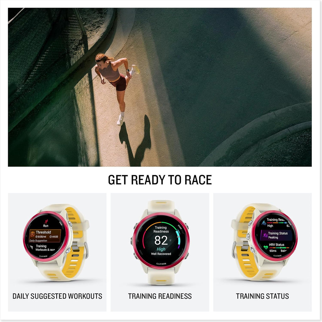 Garmin Forerunner 570 Running Smartwatch, 42MM WiFi, GPS Fitness Smart Watch for Men and Women, Raspberry Aluminum with Translucent Bone/Mango Band + Access 600 Fitness Monitor, M-XL + More