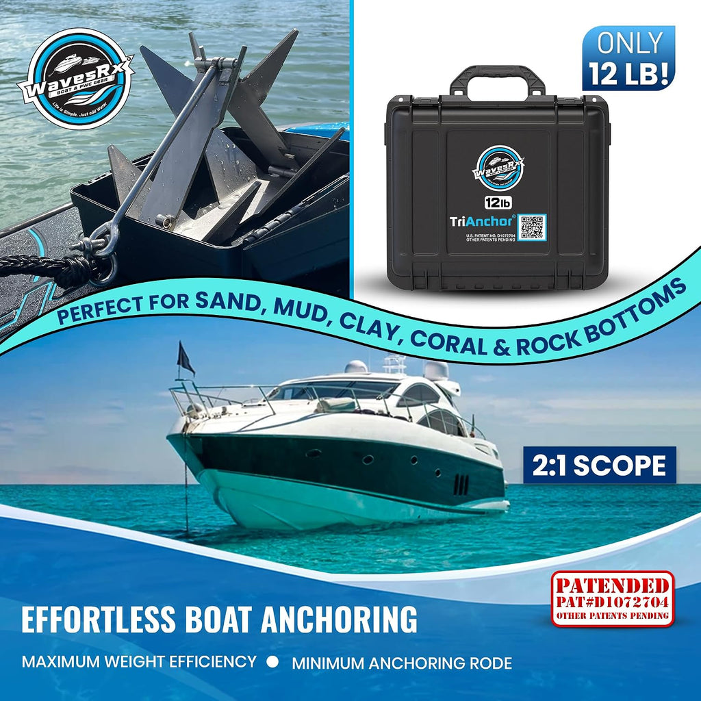 WAVESRX TriAnchor - Stainless Steel Folding PWC & Boat Anchor | Sets Instantly for Effortless Boat & Jet Ski Anchoring | Compact Patent-Pending Design Grips Better Than Plow, Fluke or Box Anchor