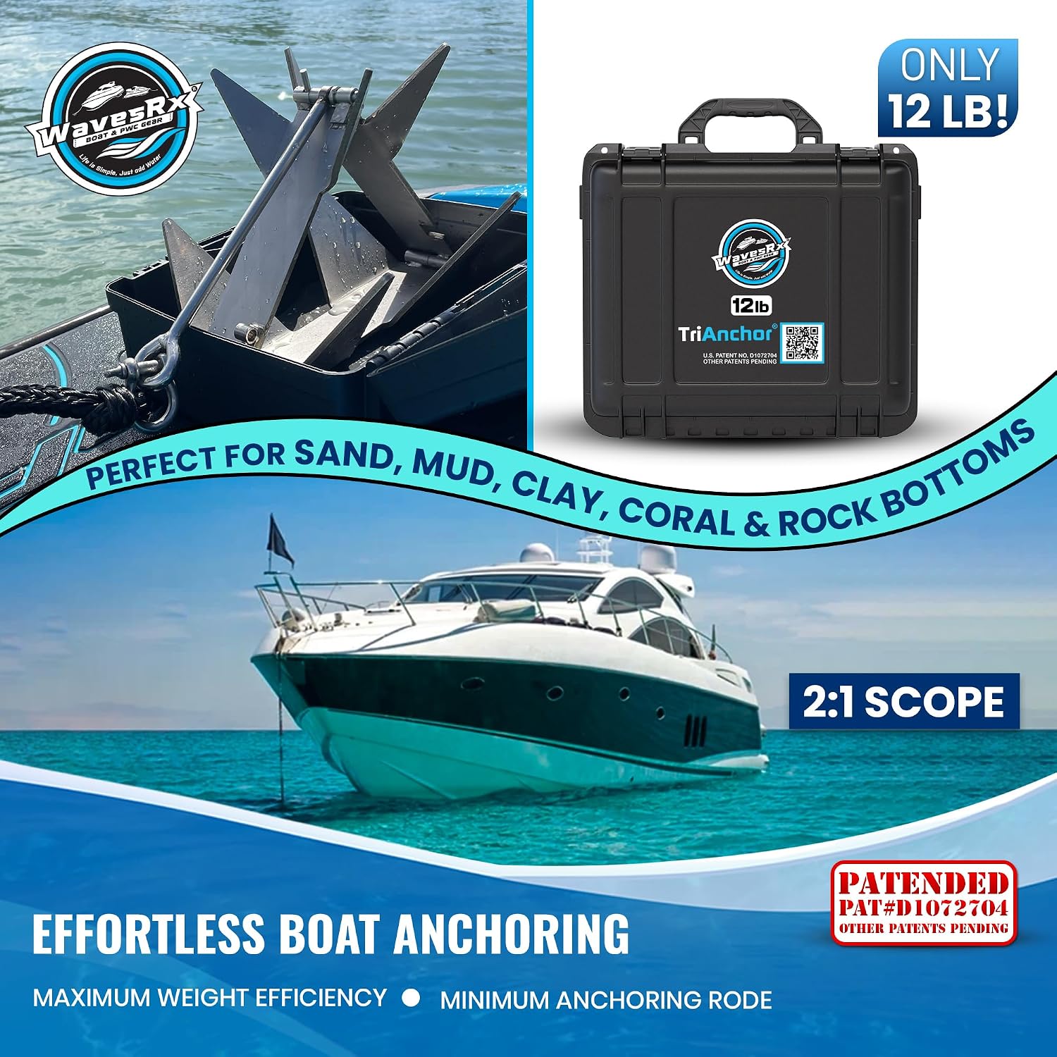 WAVESRX TriAnchor - Stainless Steel Folding PWC & Boat Anchor | Sets Instantly for Effortless Boat & Jet Ski Anchoring | Compact Patent-Pending Design Grips Better Than Plow, Fluke or Box Anchor