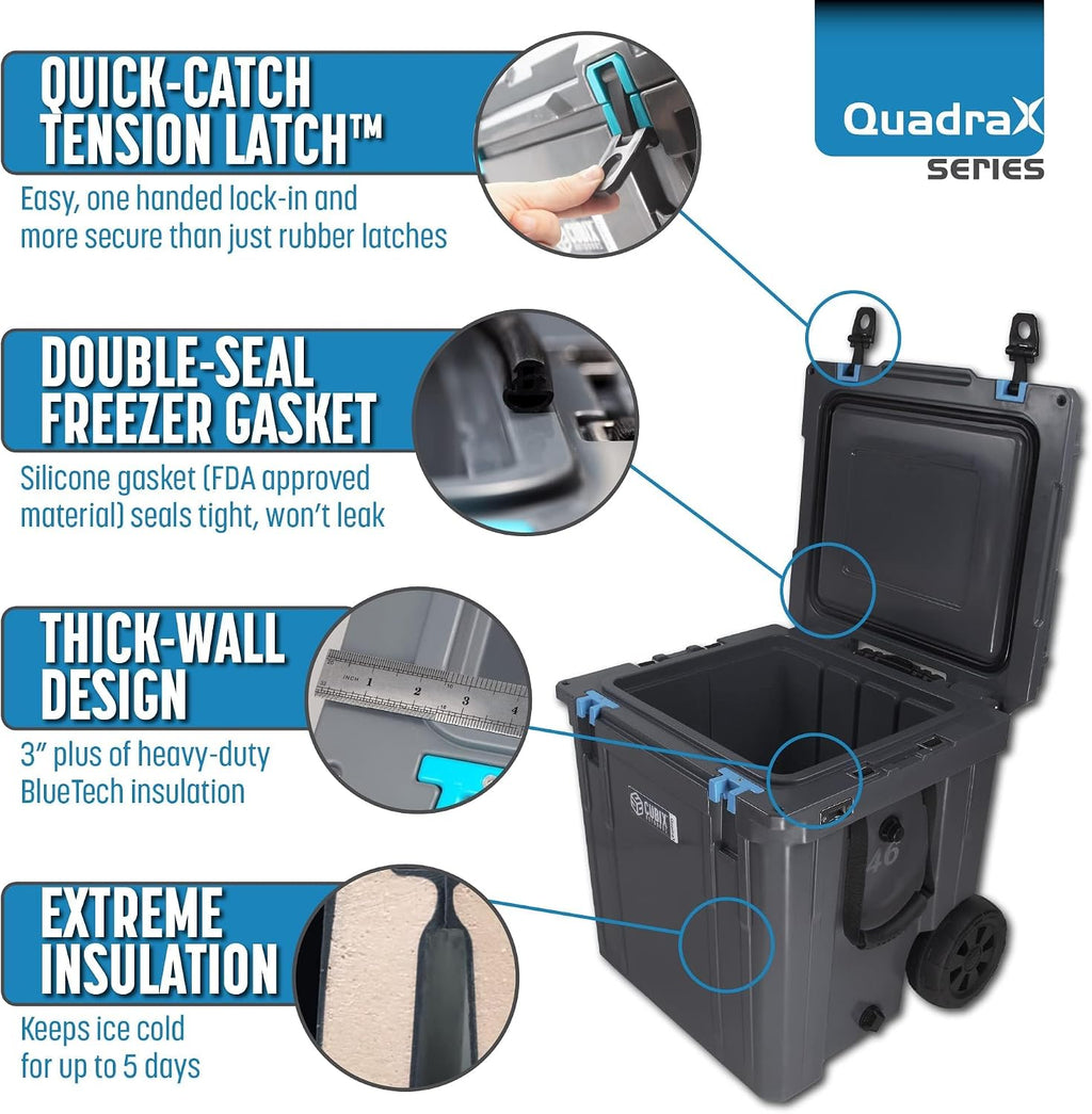 Cubix Outdoors QuadraX 46QT Wheeled Rotomolded Portable Hard Cooler for Camping, Fishing, Beach | Heavy Duty Insulated Ice Chest with Wheels and Handle | Cold Retention 5 Days