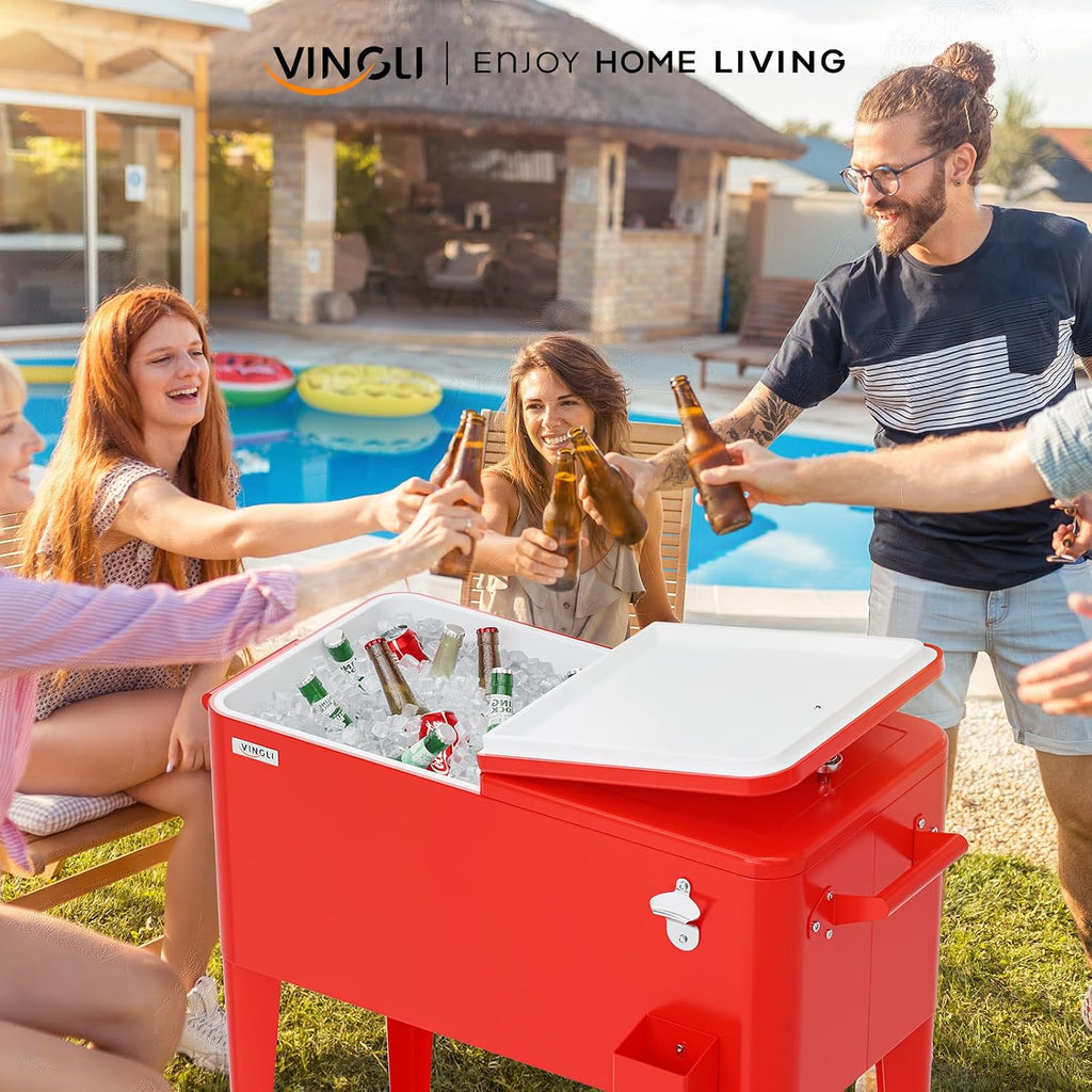 VINGLI Rolling Ice Chest, Portable Patio Party Bar Drink Cooler Cart, with Shelf, Beverage Pool with Bottle Opener