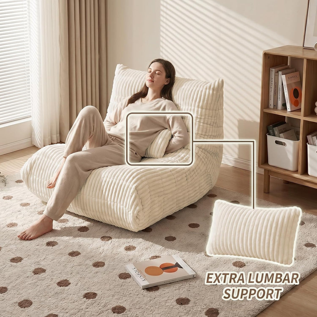 Bean Bag Chair with Lumbar Pillow, Gaint Bean Bag Chairs for Adults, Oversized Corduroy Beanbag Chair with Memory Foam Filled, Lazy Floor Sofa for Reading Gaming Living Room Bedroom (Beige)