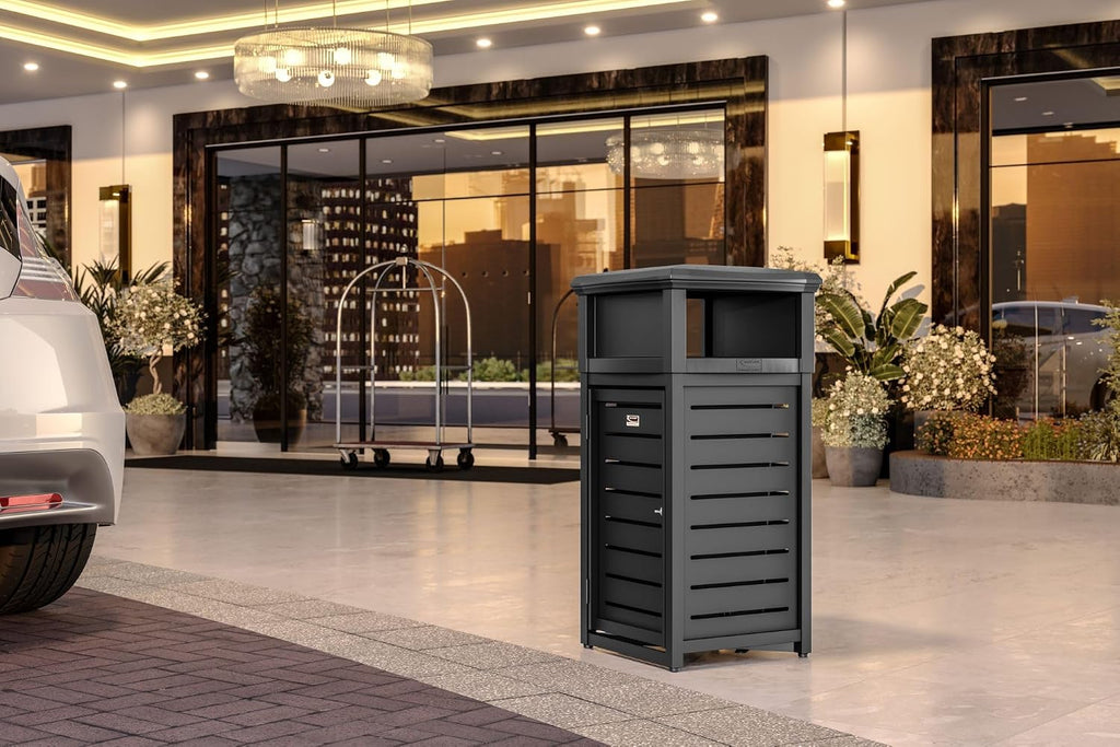 Suncast Commercial Products 30-Gallon Metal Outdoor Trash Can with Two-Way Lid, Adjustable Feet, and Removable Liner, Covered Design, Black, Made in the USA