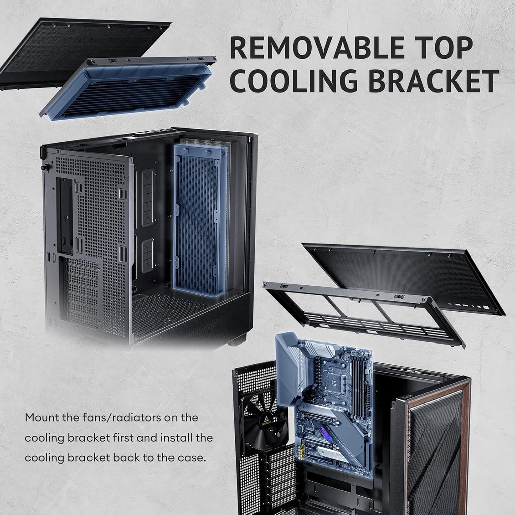 Antec Flux Wood, 5 x PWM Fans Included, High-Airflow Front Panel with Walnut Wood, Type-C, 420mm Radiator & Back Connect Motherboard Support, Up to 9 Fans Simultaneously, Mid-Tower E-ATX PC Case