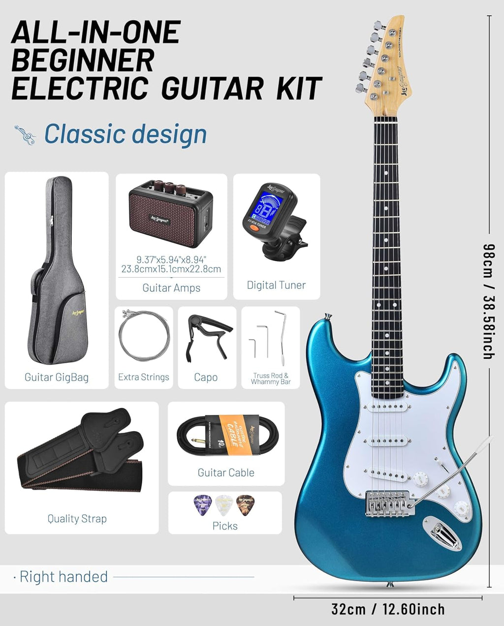 Leo Jaymz Beginner Electric Guitar Complete Kit with Portable Amp, Padded Gig Bag & Full Accessories, Maple Neck SSS Pickups(Blue)