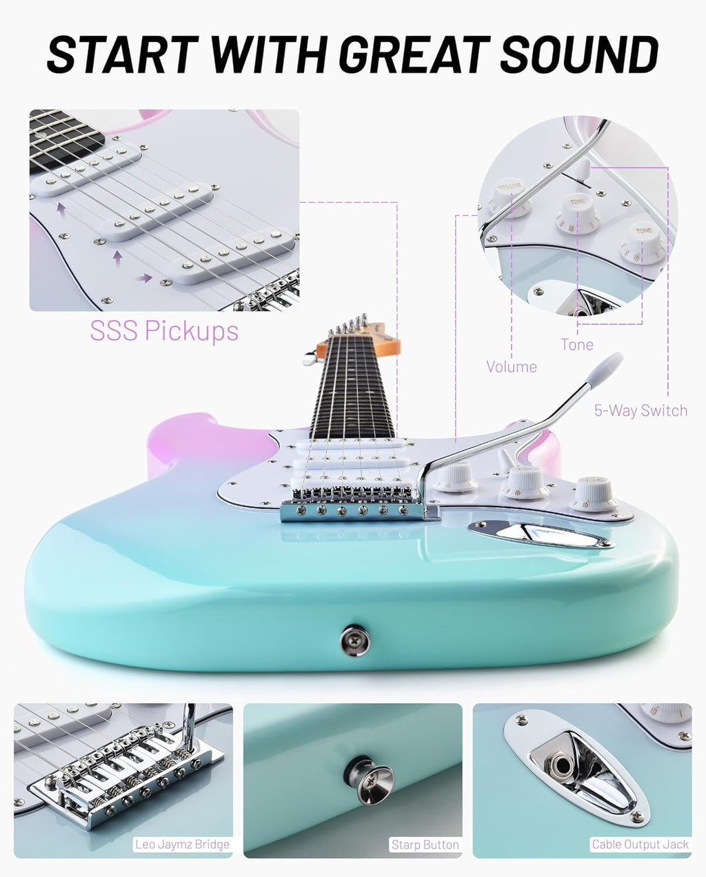 Leo Jaymz Beginner Electric Guitar Complete Kit with Portable Amp, Padded Gig Bag & Full Accessories, Maple Neck SSS Pickups(Pink-Cyan Fade)
