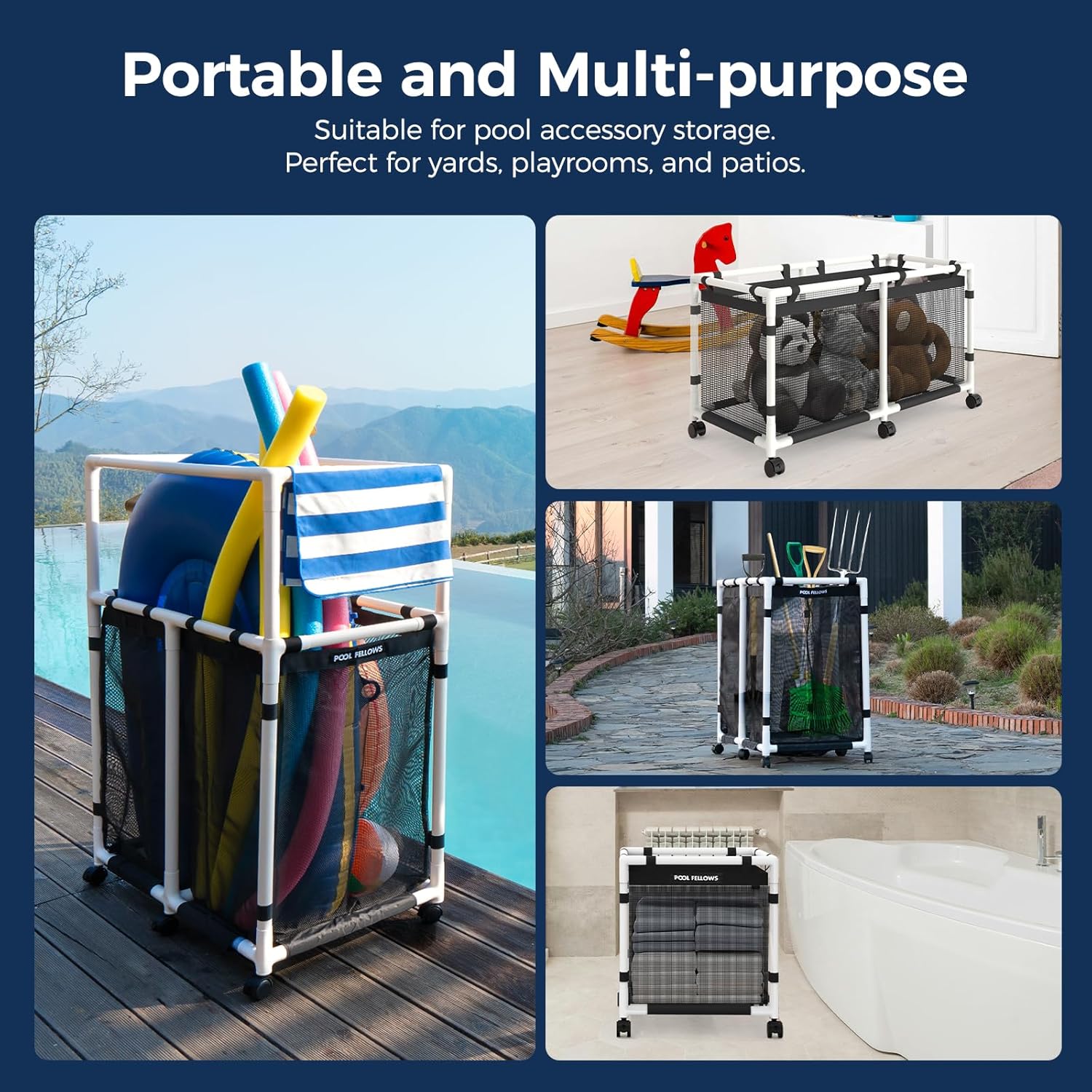 Pool Storage Bin, 105 Gallons, Holder for Noodles, Toys, Floats, Towels, Mesh Organizer for Swimming Equipments, Basic Pro Style